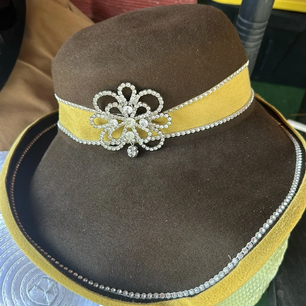 Jack McConnell brown & Yellow with rhinestones Vintage Ladies hat